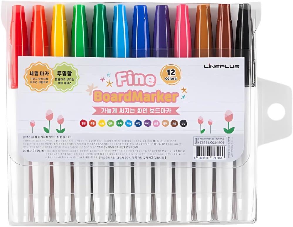 LINEPLUS Fine Board Marker Set  12 Essential Colors, 2mm Fine Tip, Slim Body Dry-Erase Whiteboard Markers  Smooth Writing & Easy Erase