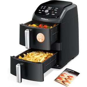 12QT Large Double Air Fryer, Family-Size Dual Airfryer with 2 Baskets, SyncHeat Even Heating, Stacked Compact Design, Smart Finish & Match Cook, PFAS-Free Nonstick, Dishwasher-Safe, Black