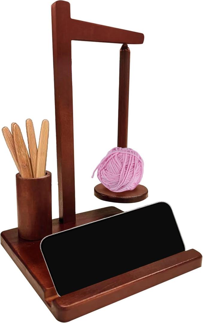 Yarn Holder for Crocheting Wooden Yarn Rack Stand with Phone Stand, Crochet Hook Storage and Magnetic Yarn Ball Holder Spinner