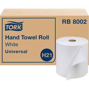 Tork Universal Hand Towel Roll White, Compatible with H21 Dispensers, 100% Recycled Fiber 6 Rolls x 800 Ft (RB8002)