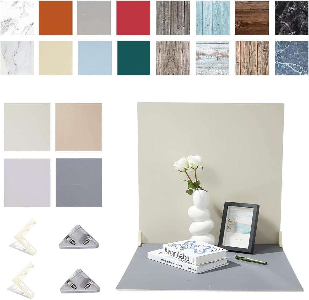 Double Side 8PCS Photography Backdrop Papers and 2PCS 24x24in Photo Backdrop Boards, 2 Brackets and 2 Clips, Multiple Background Scenes for Food Makeup Jewlery INS Product Photo Shooting (16 Pattern Papers and 4 Pattern Boards)