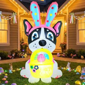 5FT Easter Inflatable French Bulldog with Egg Basket Yard Decoration Cute Bunny Ear Dog Blow Up Outdoor Décor with LED Lights Built-in Fan Stakes Ropes & Sandbags for Lawn Garden Holiday Display