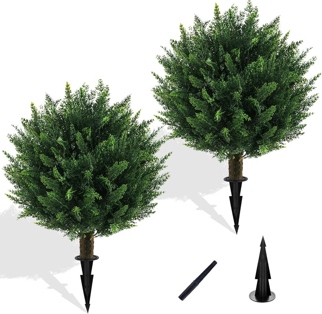 Artificial Cedar Topiary Ball Tree with Ground Spike, Set of 2 UV Resistant Artificial Bushes for Outdoors Faux Shrubs, Weatherproof Fake Round Cypress Ball Bushes Plant for Front Porch