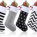 Real Spring 4 Pcs Christmas Stockings Black and White Christmas Stockings with Plush Cuff Classic Fireplace Hanging Ornament Family Holiday Party Decoration (Stripes and Dots)