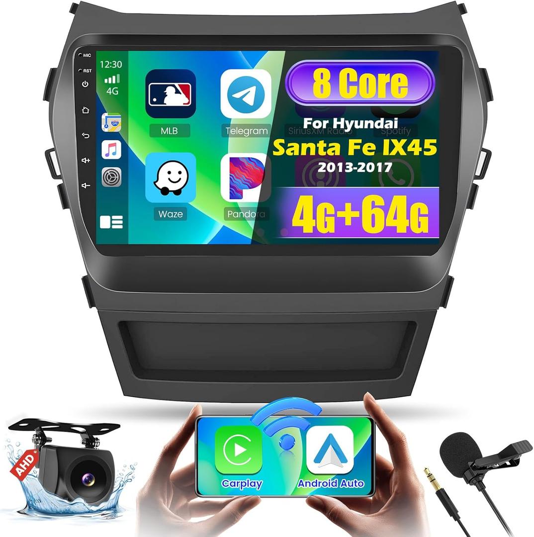 [8-Core 4+64G] Hikity Android 13 for 2013 2014 2015 2016 2017 Hyundai Santa Fe Car Stereo Wireless CarPlay Android Auto, 9'' Touchscreen Radio GPS Mirror Link WiFi Backup Camera Bluetooth FM RDS