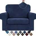 WEERRW Velvet Stretch Chair Sofa Slipcover - 2 Pieces Luxury Soft Velvet Plush Couch Cover Furniture Protector with Elastic Bottom for Pets, Machine Washable, Navy Blue, Small