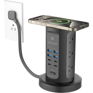 Power Strip Tower, kakyanill Surge Protector Tower 9 AC Outlets 8 USB (4 USB C), 6 Ft Retractable Extension Cord, Charging Station for Office Dorm Room, Black