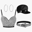 4 Pcs Rhinestone Bustier Top Costume Women's Push up Crop Top Diamond Belt Chauffeur Hat Earrings Hoop