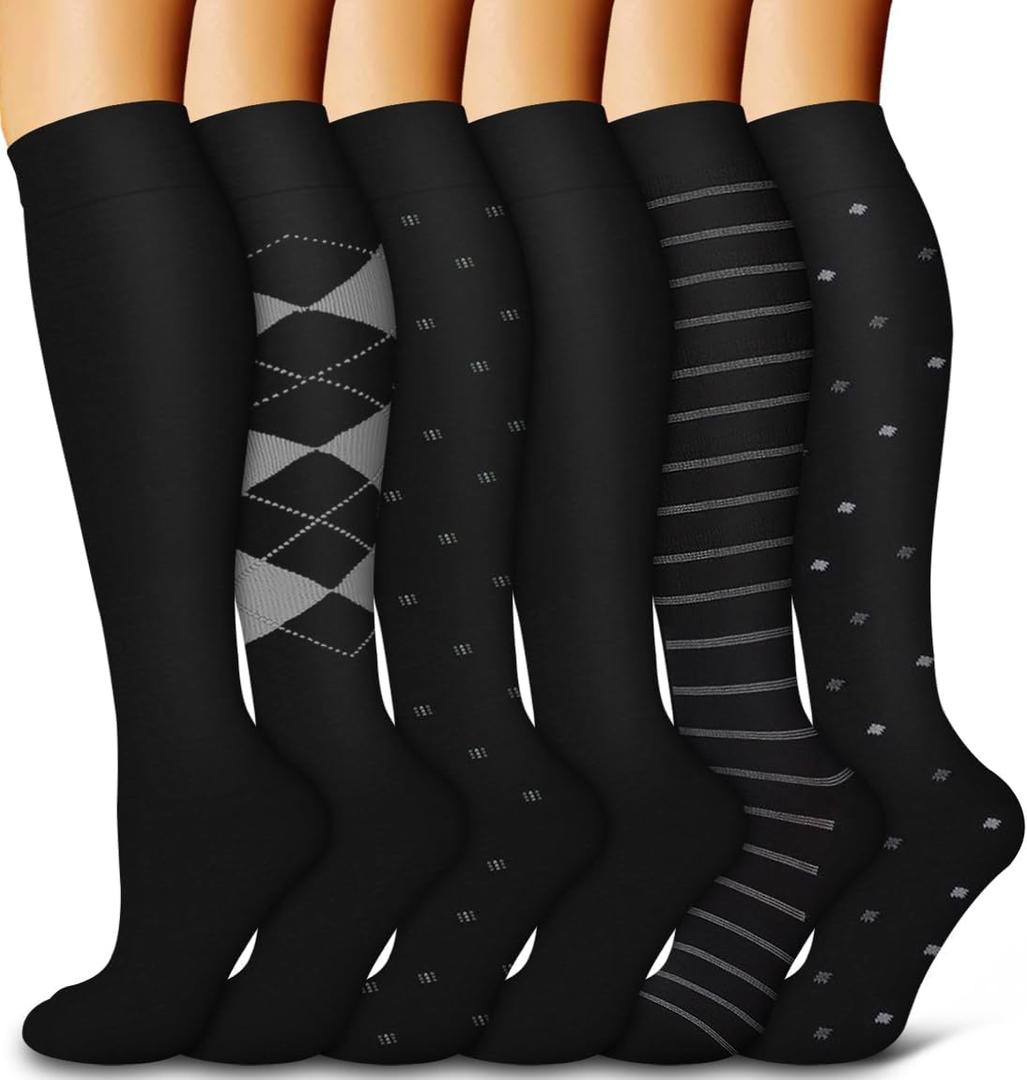 Bluemaple 6 Pack Copper Compression Socks for Women and Men Circulation-Best Support for Medical, Running,Nursing,Athletic (Large-XL, D-assorted1-streak Black)