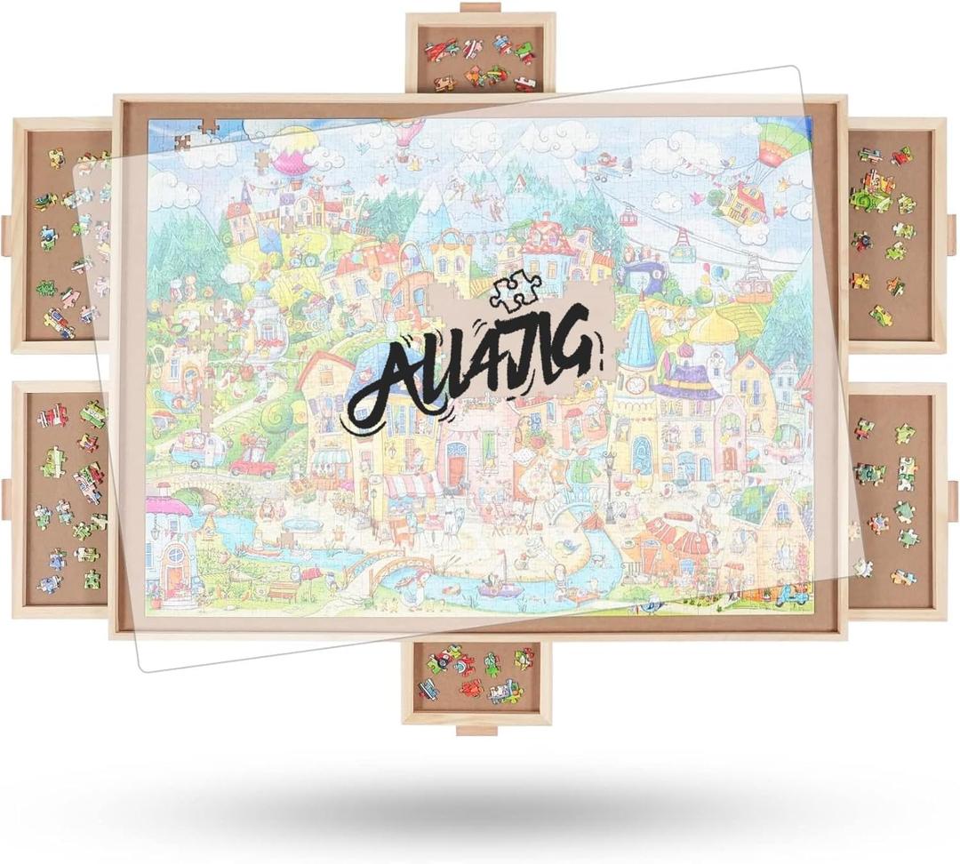 ALL4JIG 1500 Pieces Rotating Puzzle Board with 6 Drawers and Cover,24.92"x33.58"Portable Wooden Jigsaw Puzzle Table for Adults,Lazy Susan Spinning Puzzle Boards Birthday Gift for mom