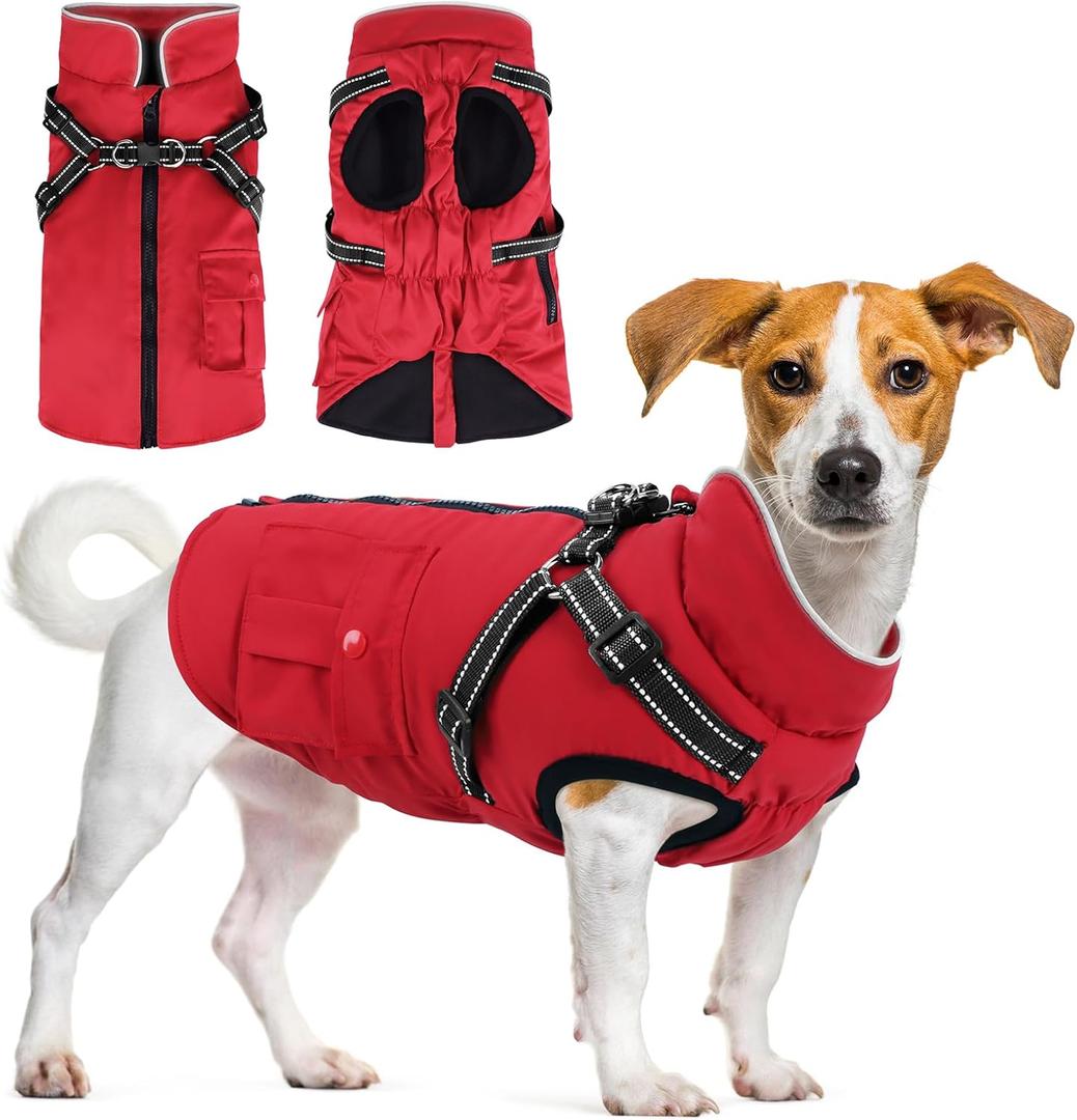 Winter Dog Coat with Harness Built in Waterproof Dog Jackets Warm Pet Fleece Vest Windproof Snow Jacket Snowsuit Reflective Dogs Cold Weather Coats for Puppy Small Medium Large Dogs Cats S