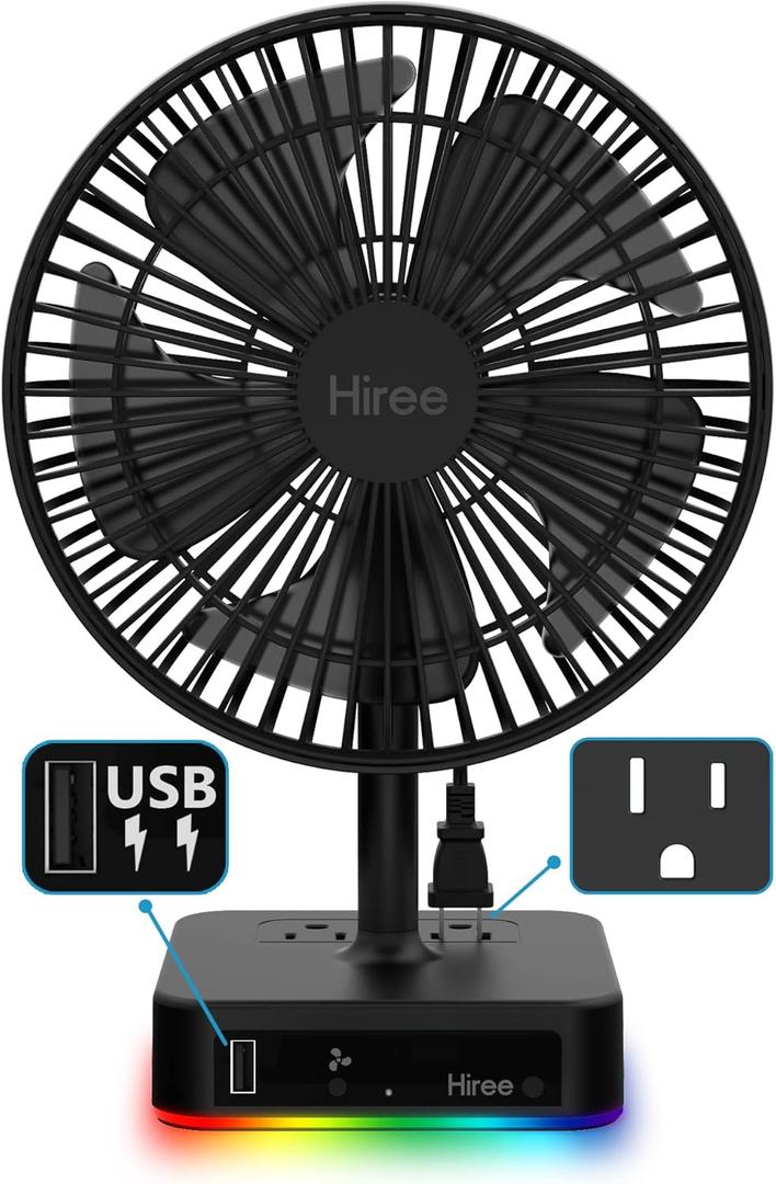 Hiree Desk Fan with USB Charging Port, 6.7 Inch 2 Speeds Small Desktop Table Fan with USB Charger, AC Outlet and LED Light, Strong Wind, Quiet Operation - Suitable for Bedroom, Home, Dorm Room