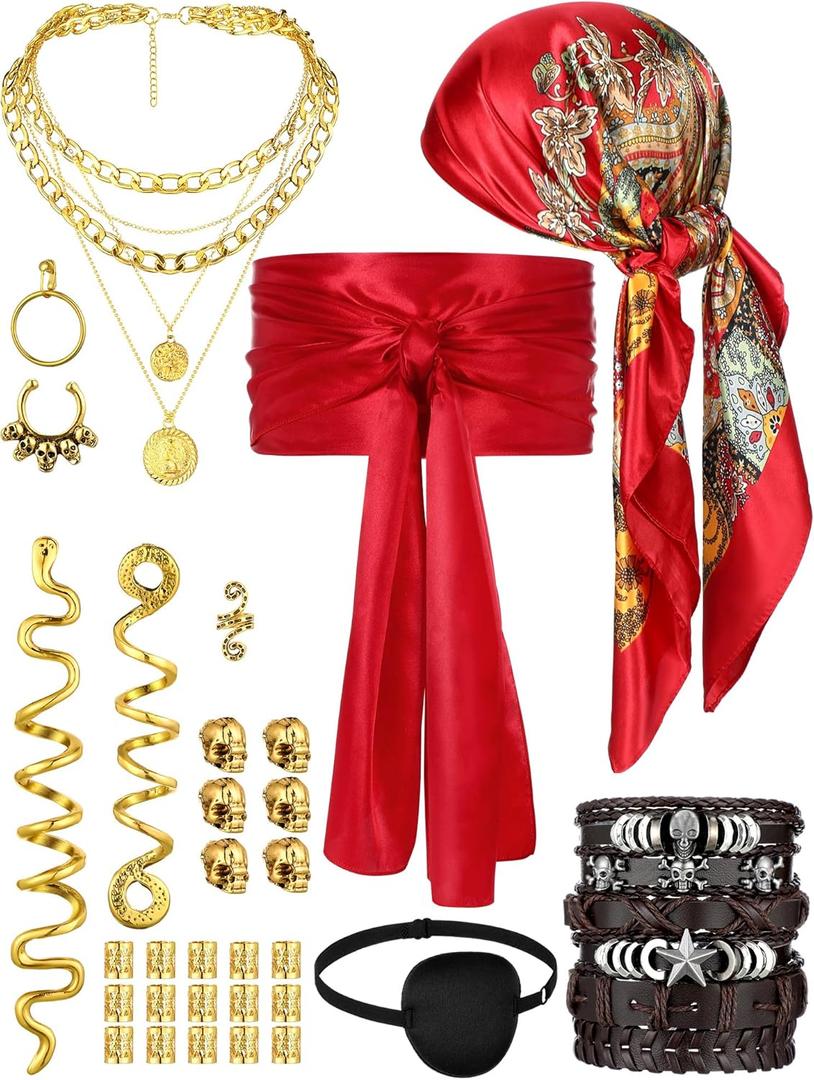 31 Pieces Pirate Costume Women Accessories Pirate Hat Head Scarf Sash Belt Renaissance Necklace Earrings for Party (Plus Size, Red Print, Gold)