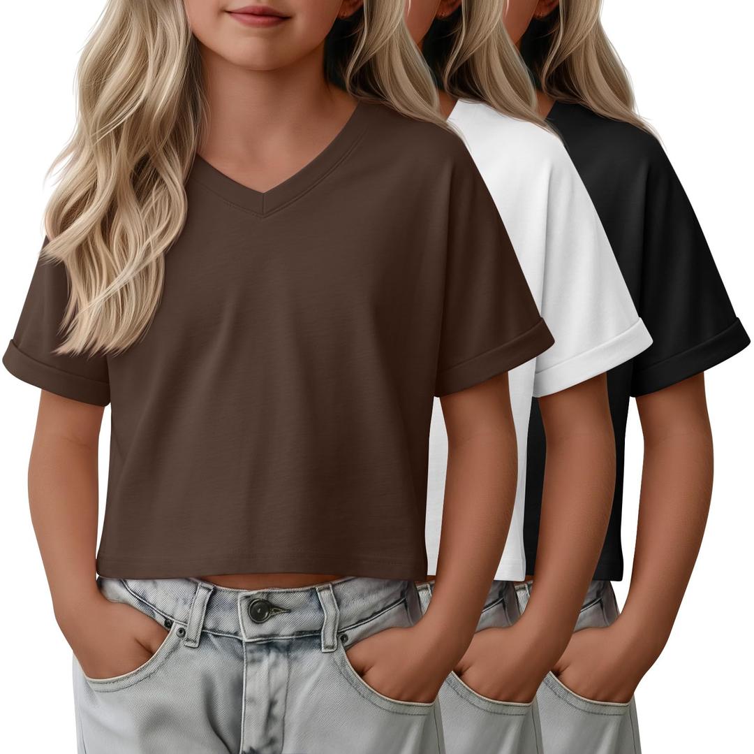 YooAurvox 3 Pack Girls Crop Tops, 3-Color, 7-8 Years