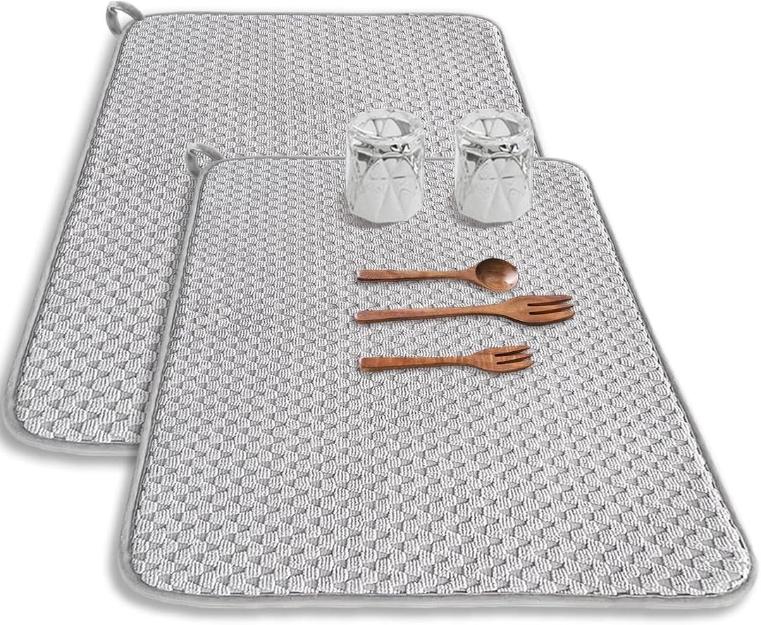 2 Pack Microfiber Dish Drying Mat,24*17 inch Absorbent Dish Drainer Kitchen Counter, Large Size Dish Drying Pad for Countertops, Sinks, Draining Racks(Gray)