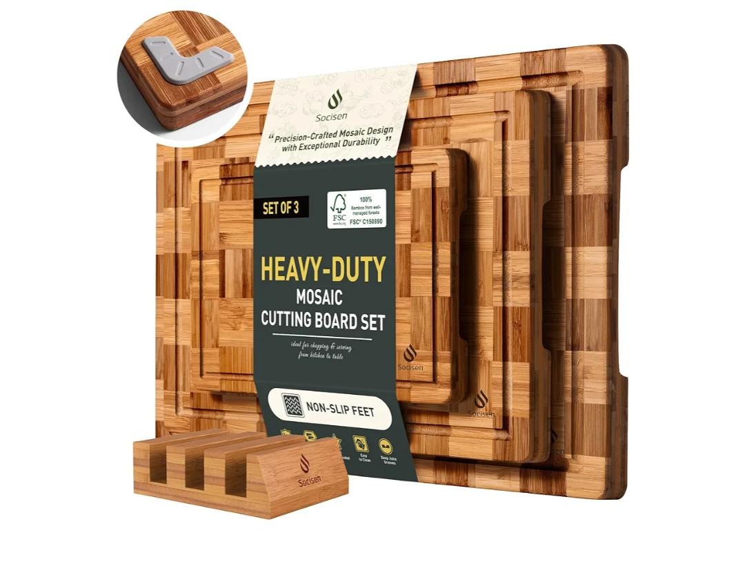 3 Pack Heavy Duty Bamboo Cutting Board Set Non Toxic Wooden Cutting Board for Kitchen Non Slip Solid End Grain Thick Wood Juice Groove Chopping Board Extra Large Butcher Block Best House Warming Gift