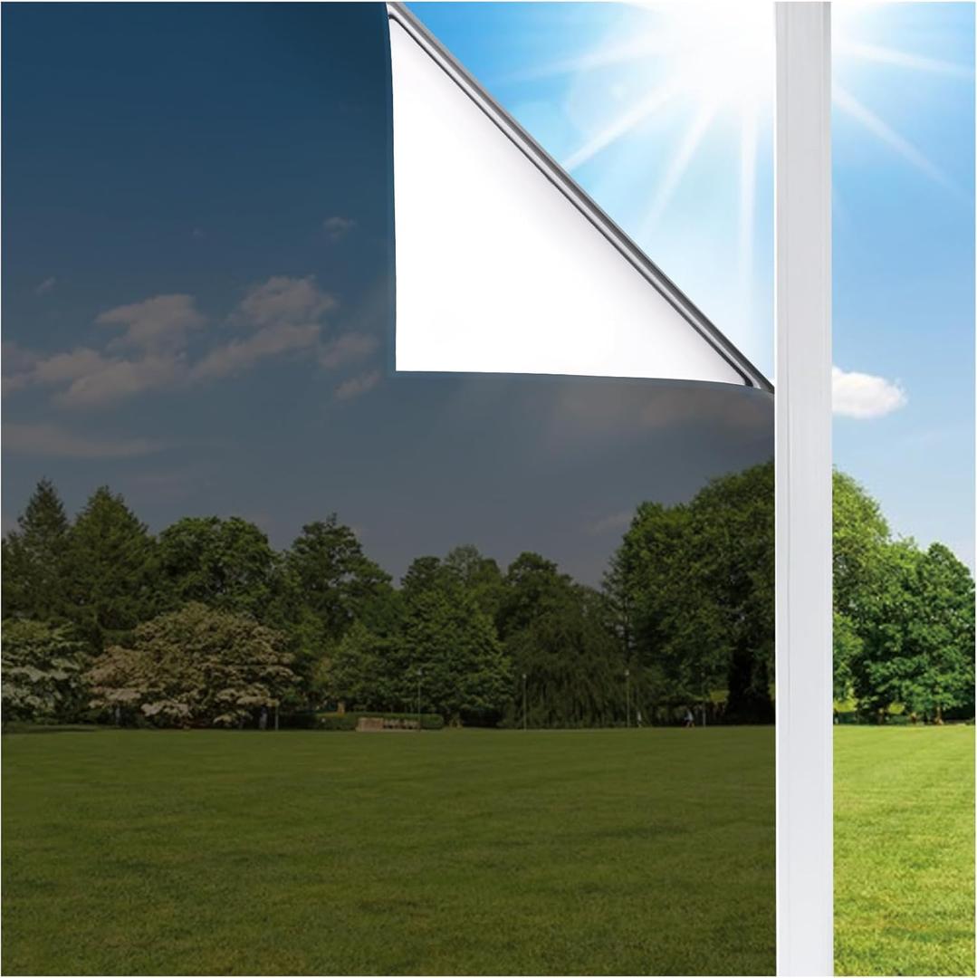 Coavas One Way Window Privacy Film, Reflective Window Tint for Home See Out Not in, Sun Blocking Anti UV Static Cling Glass Windows Door Coverings for Winter, 29.5x78.7 Inch (Black-silver)