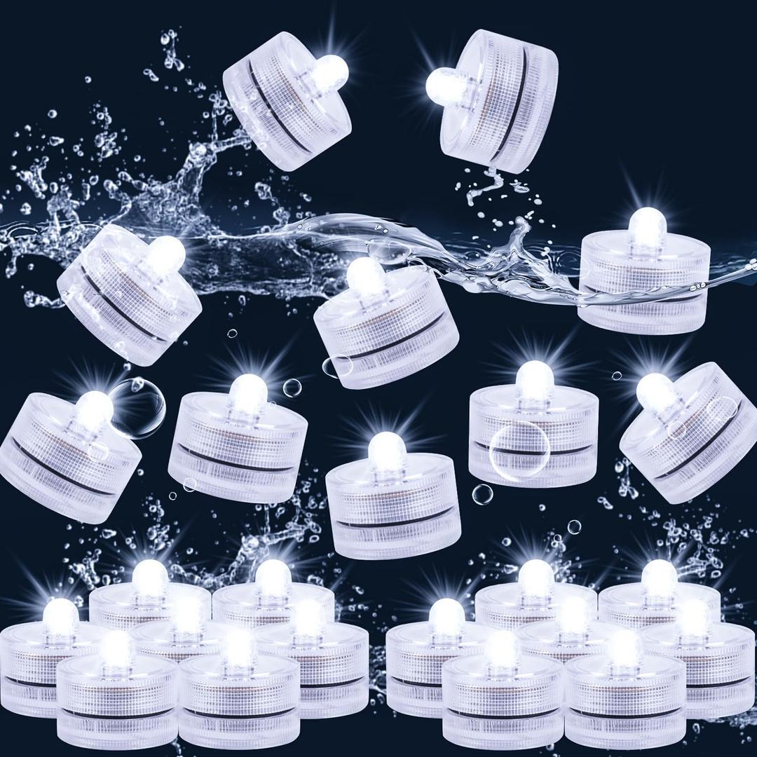 Submersible LED Light, Tea Lights, Pond Underwater Small LED Lights, Battery Operated 125 Hours, for Wedding Home Vase Festival Party Decoration White 24Pcs (Built-in 48 Batteries)