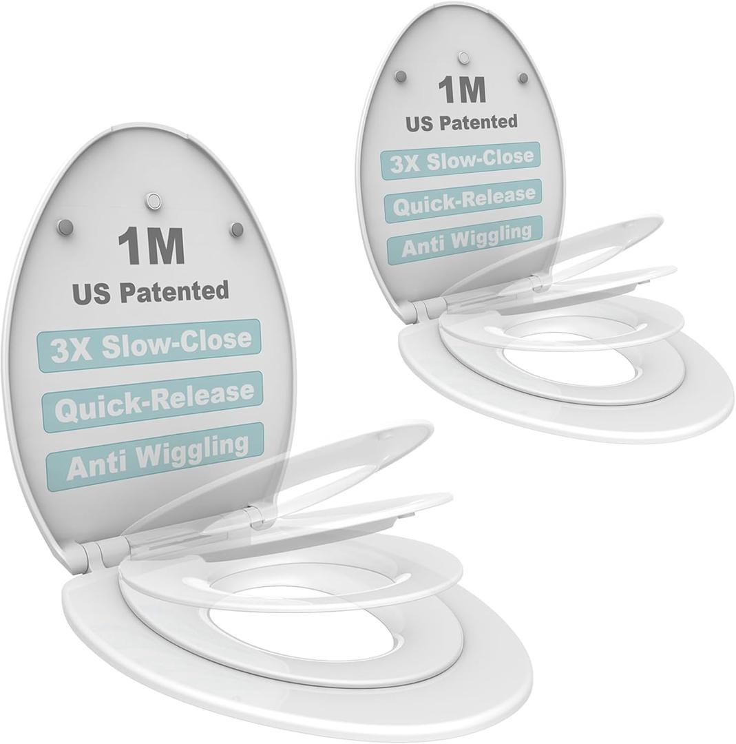 1M Family Toilet Seat, Patented Slow Close & Quick Releasing Technology, Anti-Wiggling, Easy to Install and Clean, Standard Elongated with Toddler Seat Built In (2 Pieces)