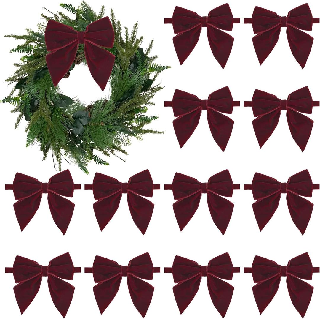 AIMUDI Burgundy Velvet Bows 4" Christmas Bows for Gift Wrapping Velvet Bows for Christmas Tree, Holiday Crafts, Wreath, Garland, Staircase, Home Outdoor Winter Christmas Decorations, 12 PCs