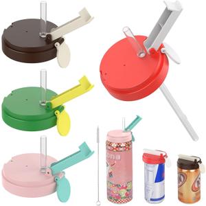4 Pack Soda Can Lids with Straw, 4 Color Can Covers for Soda with Reusable BPA-Free, Can Lid Built w/ 3 Sizes Fits for S/M/L Sizes, Can Lids Soda w/Straw Brush Cans for Seltzer, Beer, Juice, Seltzer