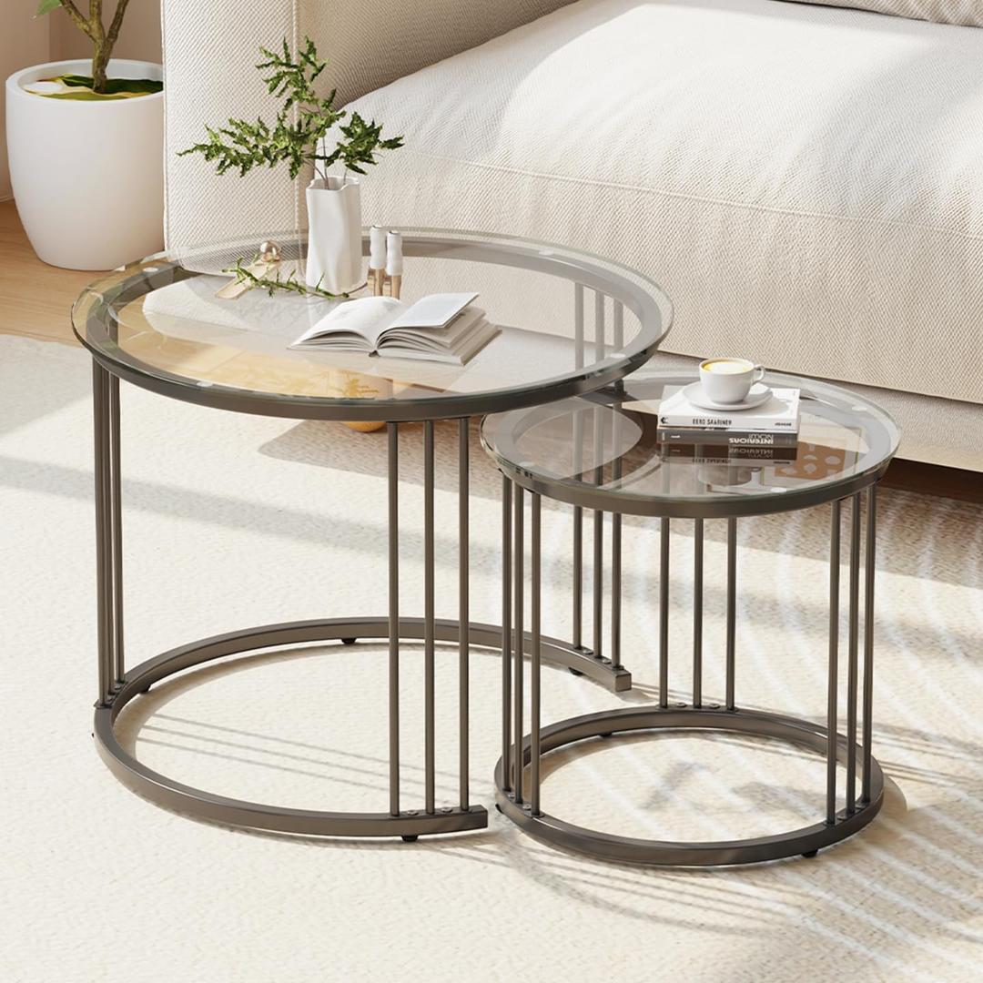 Garden 4 you Nesting Coffee Table, 23.6" Round Coffee Table Set of 2, Glass Nesting Table with Metal Frame, Ceter Tables for Living Room Bedroom Balcony, Black, 23.6" x 23.6" x 19.7"