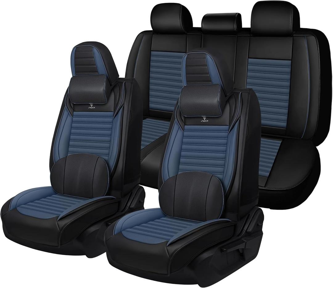 Car Seat Cover for Toyota Prius 2002-2026 Full Coverage Nappa Leather Car Seat Protector, Fashion Anti-Slip Waterproof Breathable Easy to Install, Auto Interior Accessories(Full Set,Black&Blue)