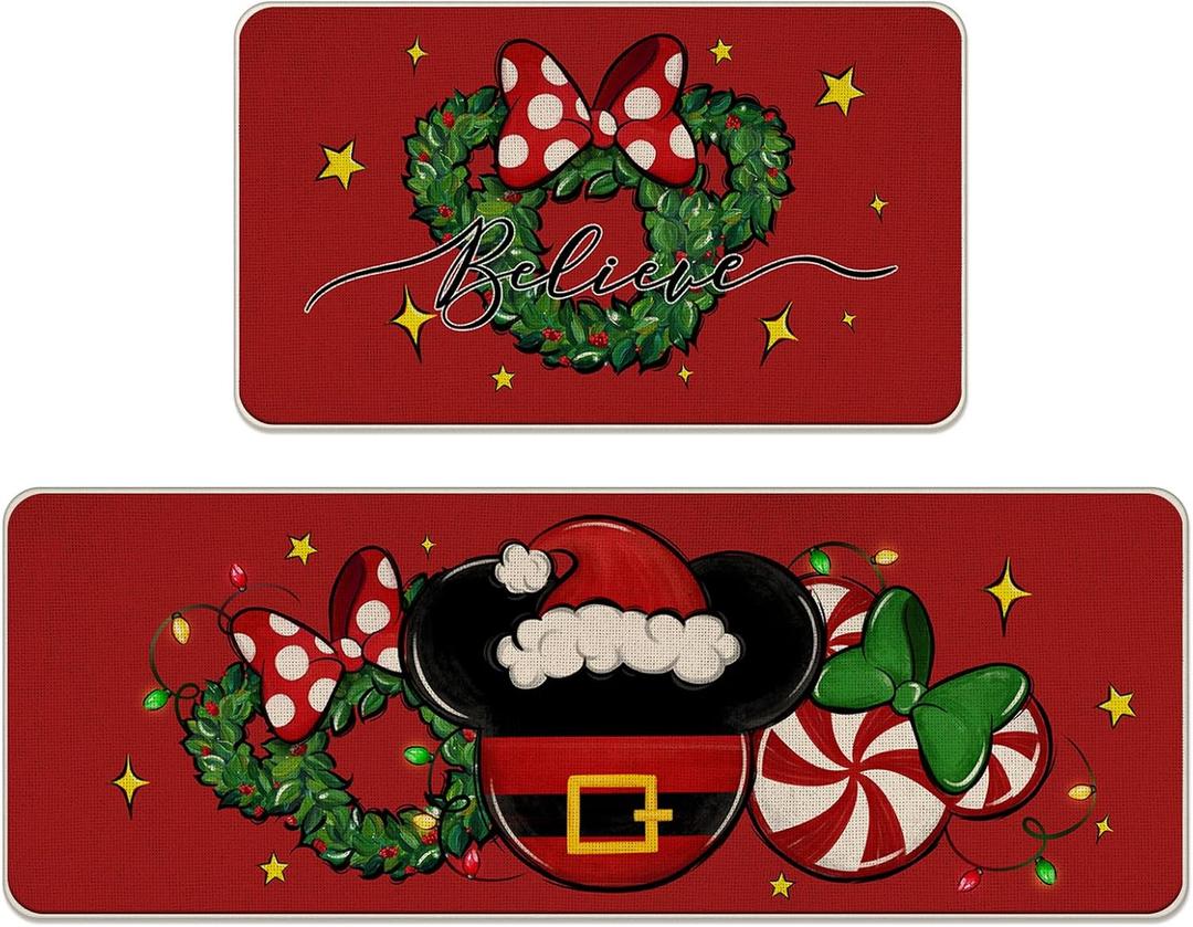 Tailus Christmas Believe Santa Red Kitchen Rugs Set of 2, Xmas Wreath Peppermint Candy Kitchen Mats Decor, Winter Holiday Floor Door Mat Home Decorations -17x29 and 17x47 Inch