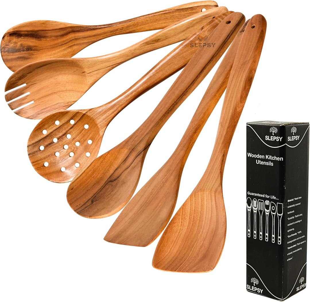6-Piece Wooden Spoons and Utensils Set for Cooking - Smooth Finish Teak Wood Kitchen Tools with Comfort-Grip - Non-Stick Spoons, Spatula, Turner, Skimmer