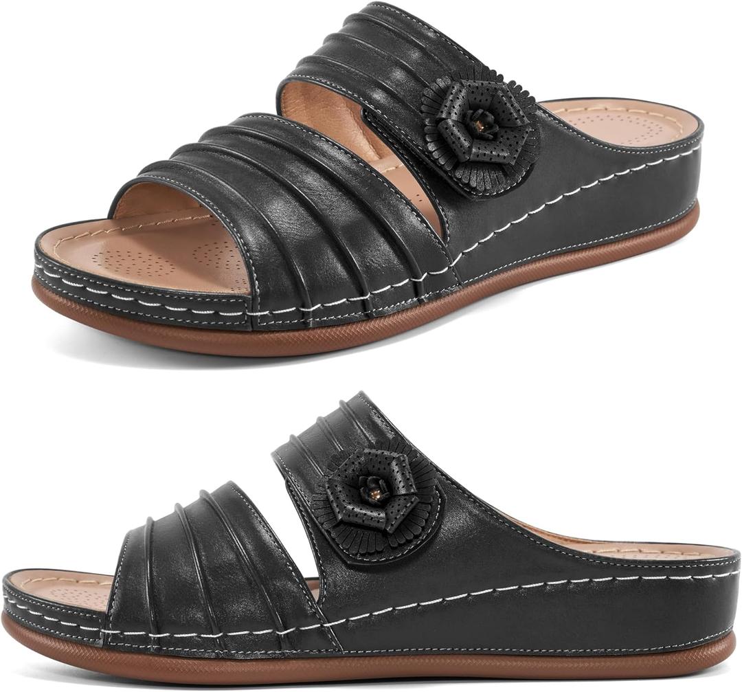 HARENCE Sandals for Women Wedge Slides: Comfortable Summer Beach Platform Shoes with Flowers Dressy Memory Foam Slip On Slide Sandals (7, Black)