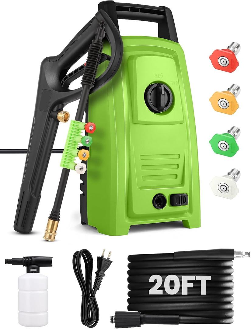 2025 New 4500PSI Electric Pressure Washer, Small Potable Power Washer with 20FT Pressure Hose, 4 Nozzle Set, Powerwashers for Home/Cars/Fences/Windows, Green