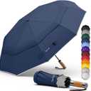 Royal Walk Windproof Folding Travel Umbrella Compact and Strong Luxurious Real Wood Handle Automatic Open Close Vented Double Canopy for Men and Women (Dark Blue)