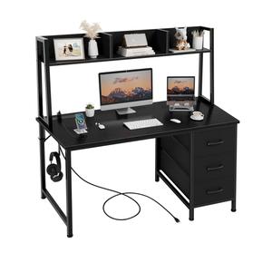 Black Computer Desk with Hutch & Drawers - Office Desk with 3 Storage Drawers and Power Outlets, 47 Inch Modern Study Writing Desk for Bedroom Home Office