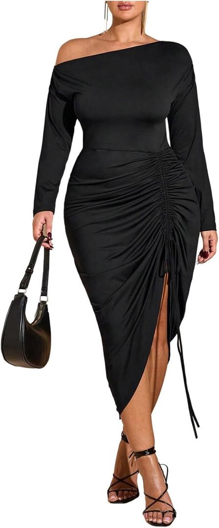 Floerns Women's Plus Size Off The Shoulder Sexy Bodycon Midi Dress Drawstring Slit Hem Long Sleeve Elegant Party Dresses (XX-Large Plus, Black)