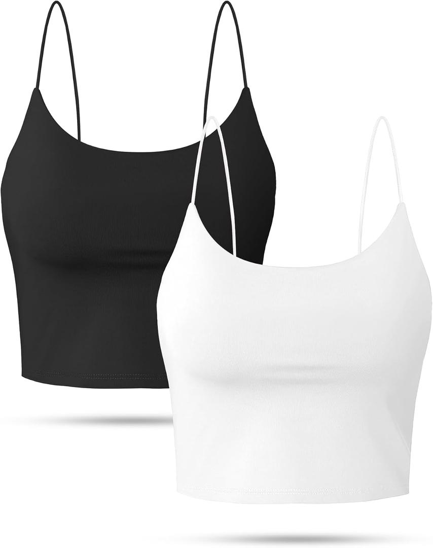 Buauty 2 & 4 Packs Crop Tank Top for Women, Basic Solid Cropped Double Layer Spaghetti Strap Short Sleeveless Camisole Black,White M