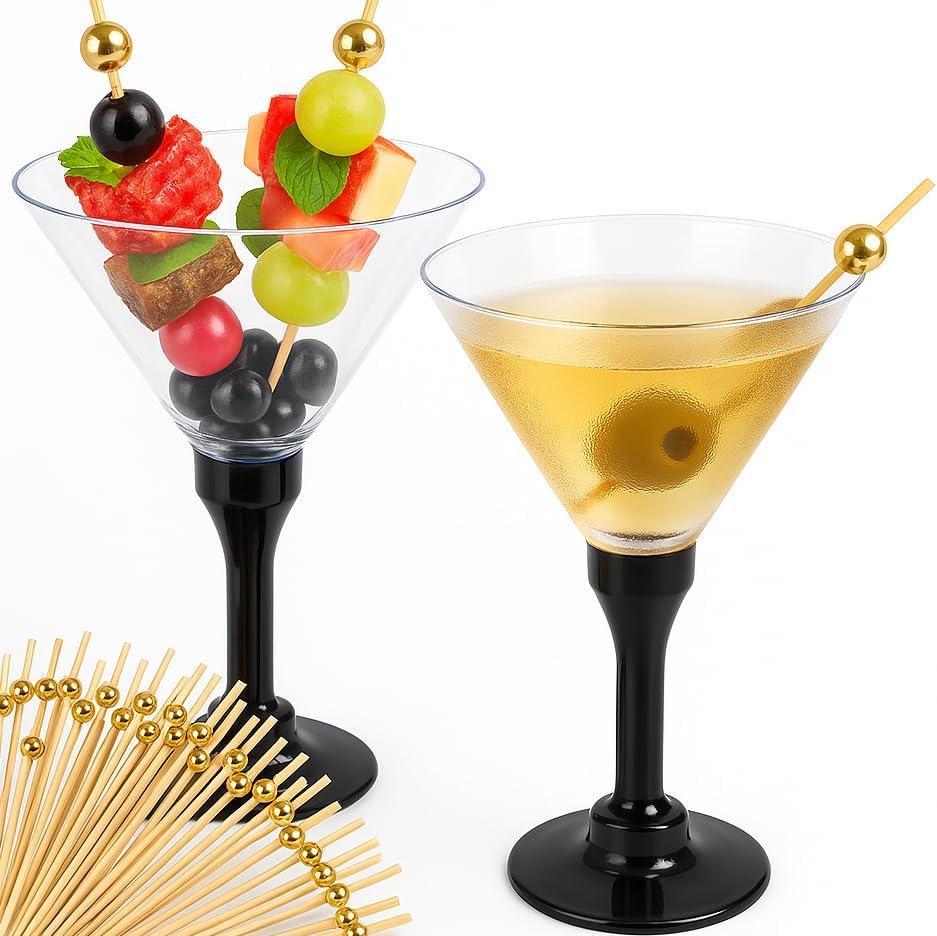50 Clear Disposable Plastic Martini Glasses for Parties + 100 Cocktail Picks Bundle