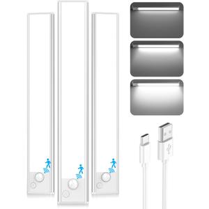 12'' Under Cabinet Lights, 2500mAh LED Battery Operated Rechargeable Motion Sensor Lights Indoor, Magnetic Dimmable Closet Light, Wireless Under Counter Cupboard Night Light for Kitchen, Stair, 3 Pack