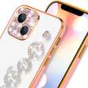 2 x Bonitec Case for iPhone 14 Pro Max Case with Bracelet 3D Glitter Sparkle Bling Strap Luxury Shiny Crystal Rhinestone Diamond Silver Chain Protective Cover for Ladys, Girls and Women, Pink