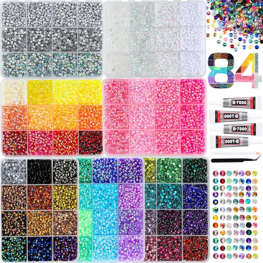 52500Pcs Bedazzling Kit with 7 Box  59 Colors Rhinestones, 3mm Flatback Sparkling Gems with 410ml B7000 Jewelry Glue, Tweezers & Pickup Pen for Nail Art, Crafts, Clothing, Diamond Painting
