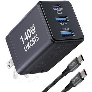 140W USB C Charger Block - UKCSIS 3-Port GaN Fast Chargers, Foldable USB C Wall Charger, Compact 100W Laptop Adapter, for MacBook Pro/Air, iPad Pro, Galaxy, iPhone Series (Black, 4ft)