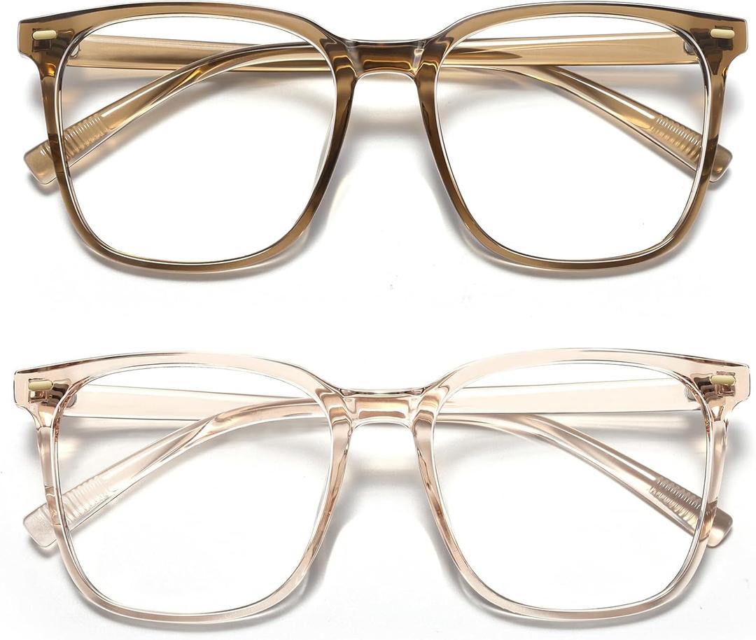 2-Pack Oversized Square Blue Light Blocking Glasses for Women Men, Anti-Fatigue Computer Monitor Gaming Glasses Reduce Eye Strain(Transparent Brown+Brown)
