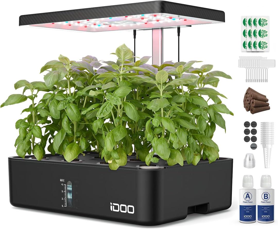 IDOO Hydroponics Growing System Kit 12Pods, Indoor Herb Garden System, with LED Grow Light, Built-in Fan, Auto-Timer, Adjustable Height Up to 11.3", for Home School, for Women Mom, for Christmas Gifts (Black)