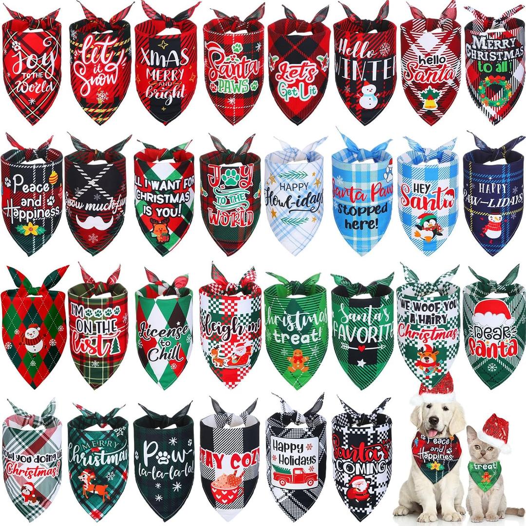 Preboun 30 Pcs Christmas Plaid Dog Bandanas Bulk Holiday Scarf Triangle Bibs Adjustable Washable Dog Handkerchief Xmas Drool Bib Accessories Grooming Supplies for Small to Medium Cats Dogs