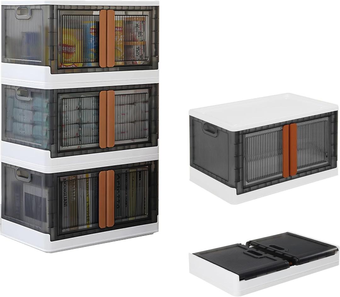 FAHKNS 3 Pack 19 Gallon Collapsible Storage Boxes, Lidded Storage Box with Door and Wheels for Clothes, Tools, Office Supplies, Large Folding Storage Box for Home, White