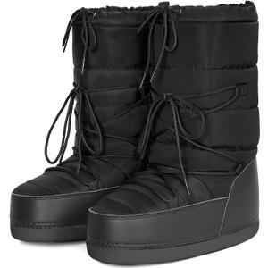 Womens Winter Snow Boots Mid Calf Anti-Slip Boots with Warm Lining Lace-up Outdoor Shoes (8, Black)