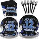 96 Pcs 12th Birthday Decorations for Boys Blue and Black Plates and Napkins Disposable Glitter It's My 12th Birthday Party Supplies for Boys Kids Teenager 12 Years Old Party DecorServes 24
