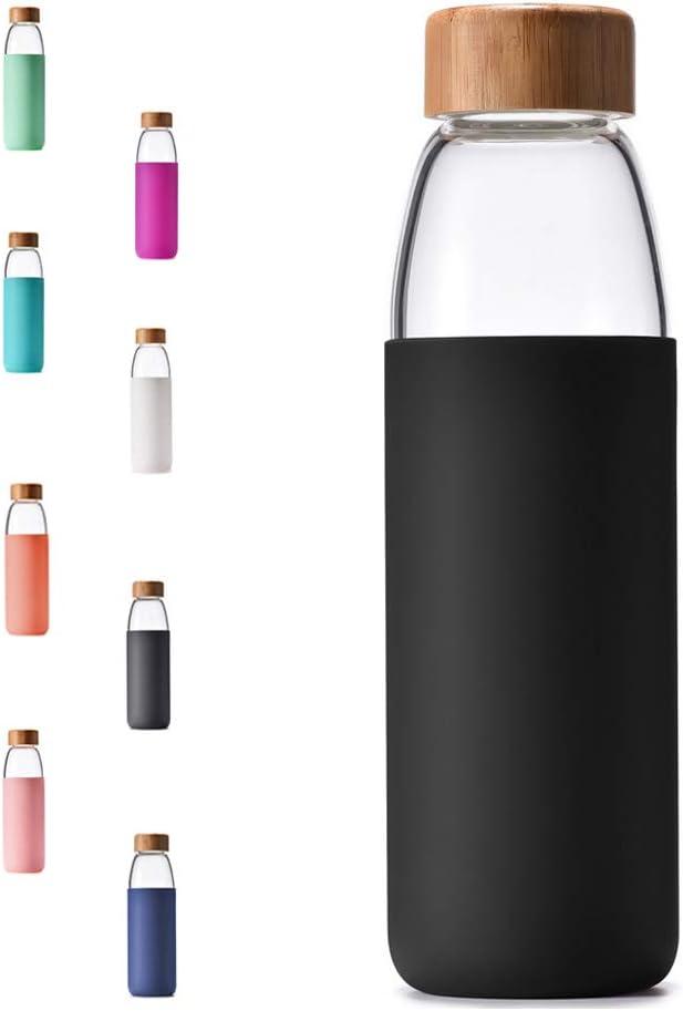 veegoal 18 Oz Borosilicate Glass Water Bottles with Bamboo Lid, BPA-FREE, Non-Slip Silicone Sleeve, and Stainless Steel Leak Proof Lid - Reusable Glass Bottle for Men and Women (Black)