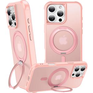 360 Magnetic Swivel Ring for iPhone 16 pro max case, Built-in Metal Stand and Ring Holder, Magsafe Compatible, Military Grade Protection, Shock and Vibration Resistant- Pink