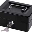 Small Cash Box with Money Tray and Lock, Metal Cash Lock Box with Key, Petty Cash Box for Money 5.9 x 4.7 x 3.1 Inches Black