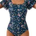 Eomenie Women's Tummy Control One Piece Swimsuit Ruffle Square Neck Bathing Suit Ruched Cutout Back Slimming Swimwear (Medium, Navy Blue Pink Floral)